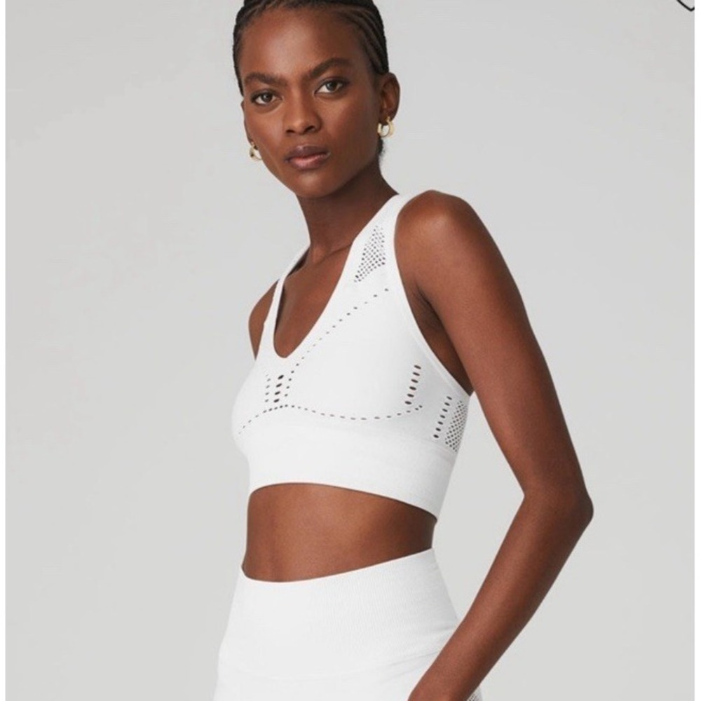 NEW Alo Yoga Open Air Seamless Top Women White Mesh WORKOUT BRA XS